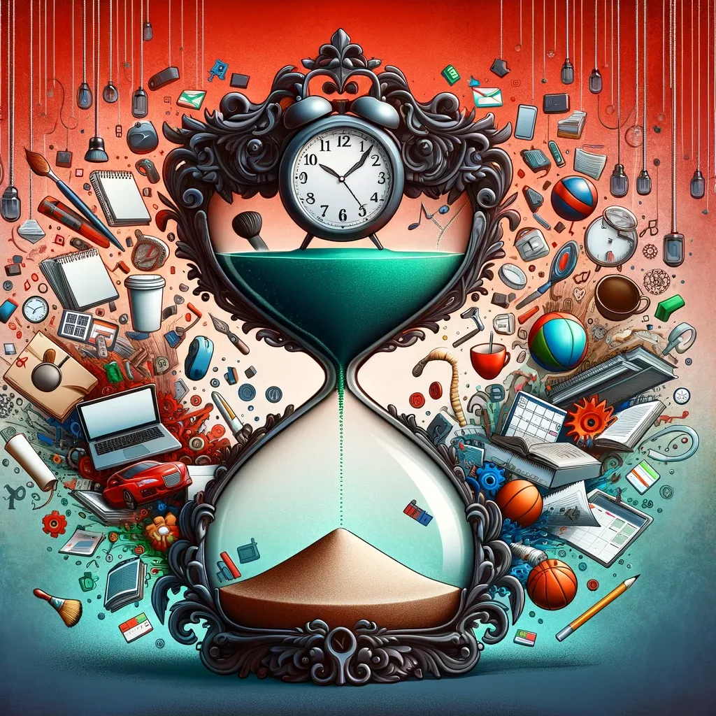 Illustration of an hourglass symbolizing time management, surrounded by college and education elements like books, clocks, laptops, and sports equipment.